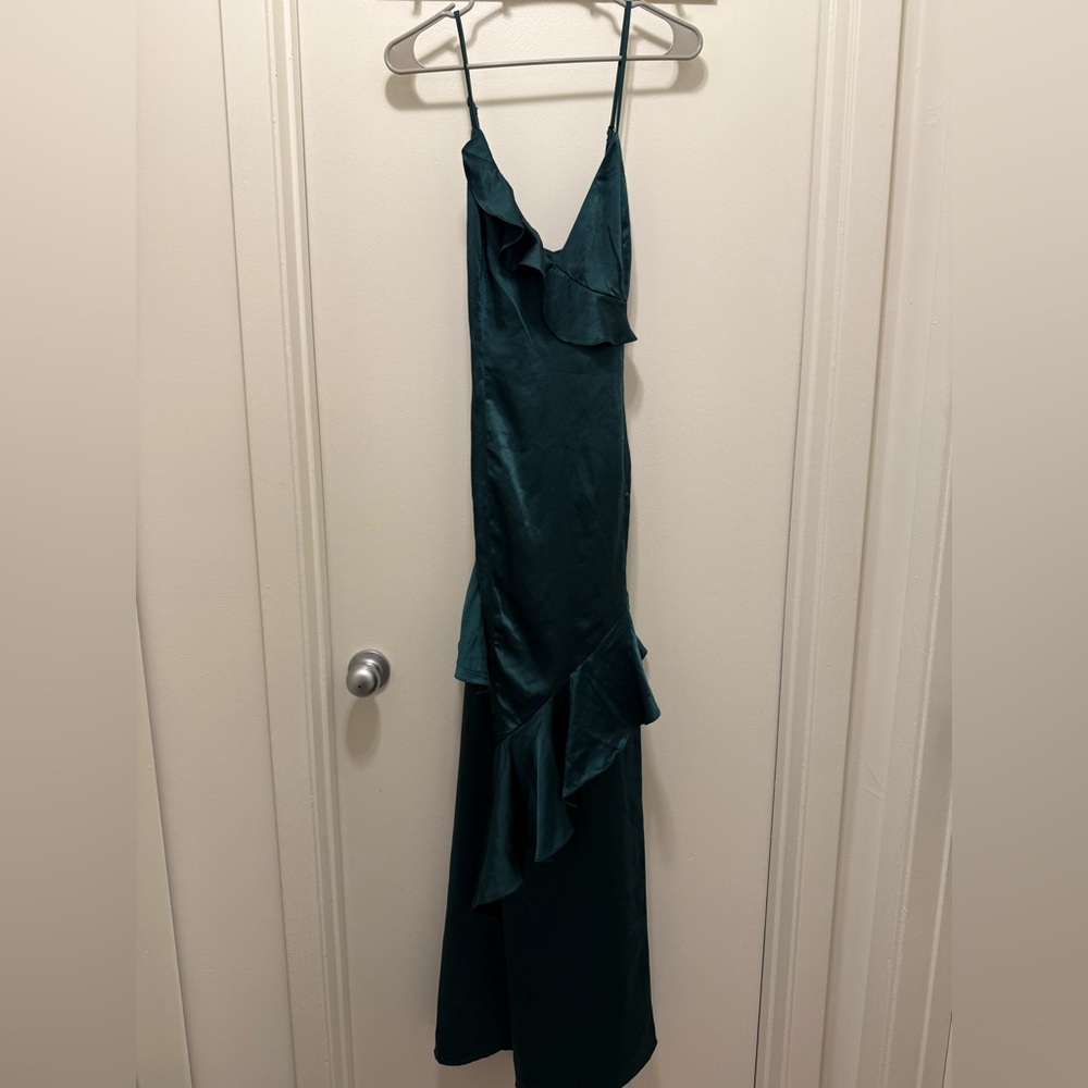 SOLD OUT Lucky Lady Hunter Green Satin Ruffled Maxi Dress - Picture 8 of 12